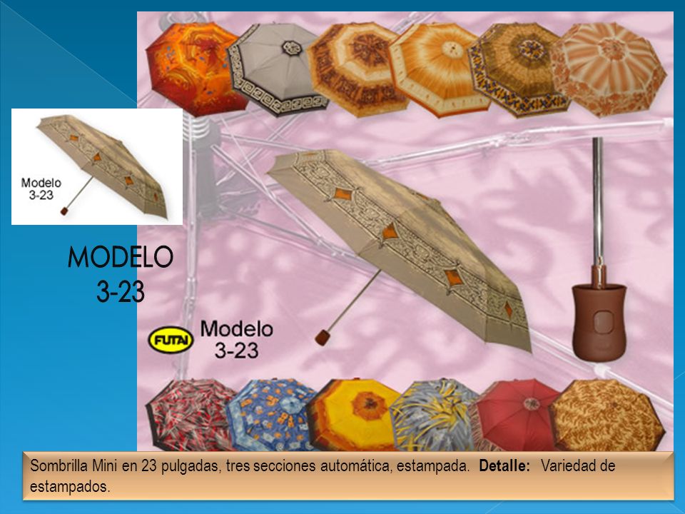 MODELO Sombrilla Mini en 23 pulgadas, tres secciones automática, estampada.