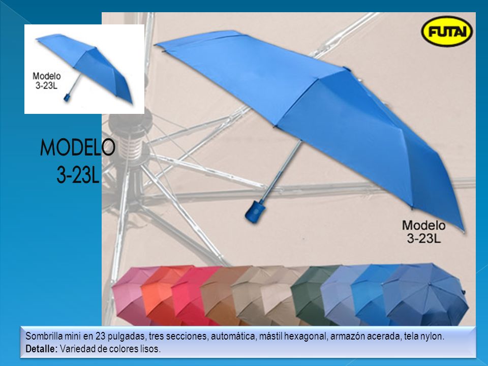 MODELO 3-23L. Sombrilla mini en 23 pulgadas, tres secciones, automática, mástil hexagonal, armazón acerada, tela nylon.