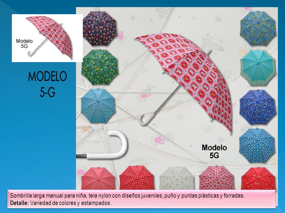 MODELO 5-G. Sombrilla larga manual para niña, tela nylon con diseños juveniles, puño y puntas plásticas y forradas.
