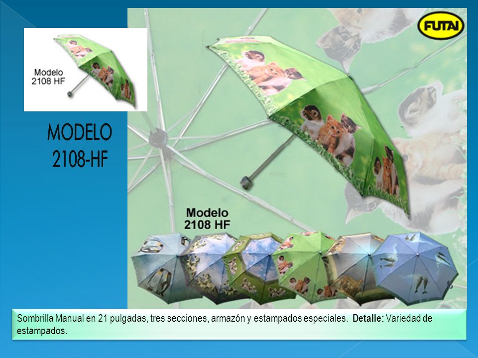 MODELO 2108-HF. Sombrilla Manual en 21 pulgadas, tres secciones, armazón y estampados especiales.