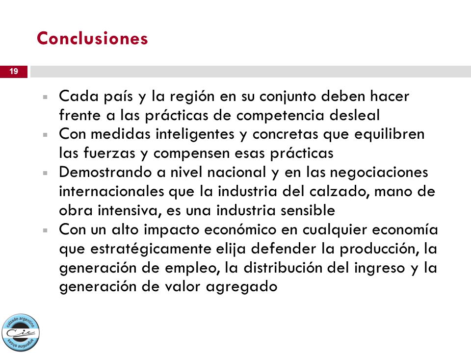 Conclusiones Cada país y la región en su conjunto deben hacer frente a las prácticas de competencia desleal.