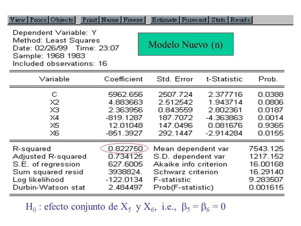 Modelo Nuevo (n) H0 : efecto conjunto de X5 y X6, i.e., 5 = 6 = 0