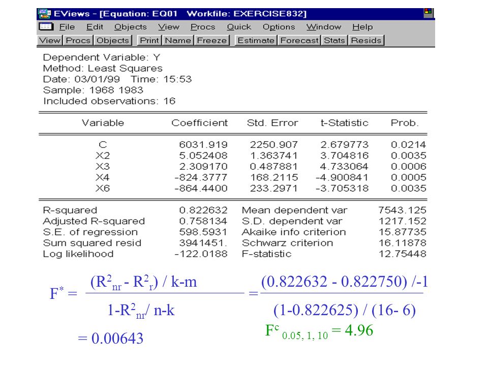 (R2nr - R2r) / k-m ( ) /-1. F* = = 1-R2nr/ n-k. ( ) / (16- 6) Fc 0.05, 1, 10 =