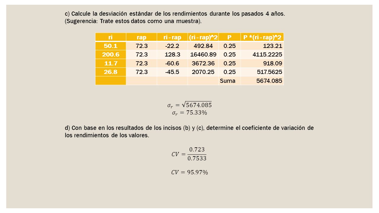 c) Calcule la desviación estándar de los rendimientos durante los pasados 4 años. (Sugerencia: Trate estos datos como una muestra).