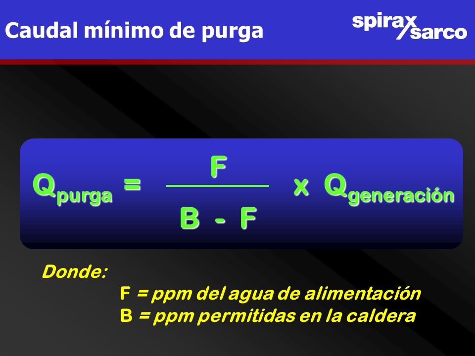 F Qpurga = x Qgeneración B - F Caudal mínimo de purga Donde: