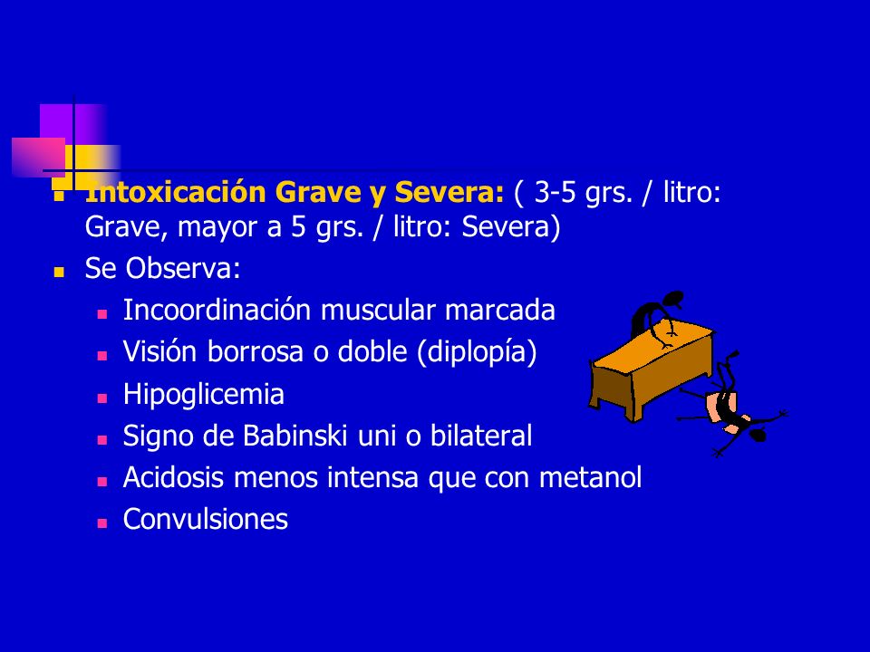 Intoxicación Grave y Severa: ( 3-5 grs. / litro: Grave, mayor a 5 grs
