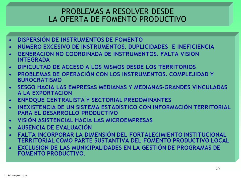 PROBLEMAS A RESOLVER DESDE LA OFERTA DE FOMENTO PRODUCTIVO