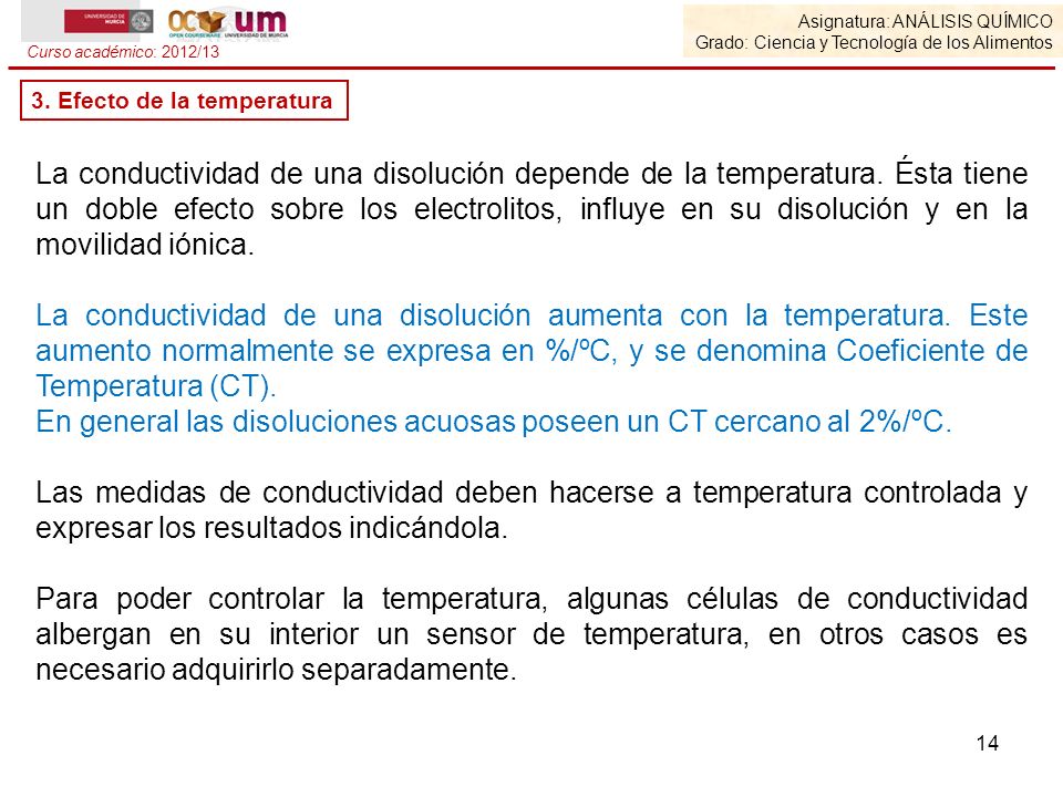 En general las disoluciones acuosas poseen un CT cercano al 2%/ºC.