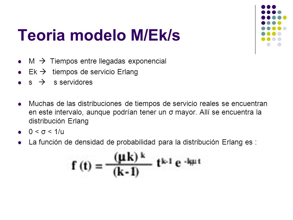 Teoria modelo M/Ek/s M  Tiempos entre llegadas exponencial