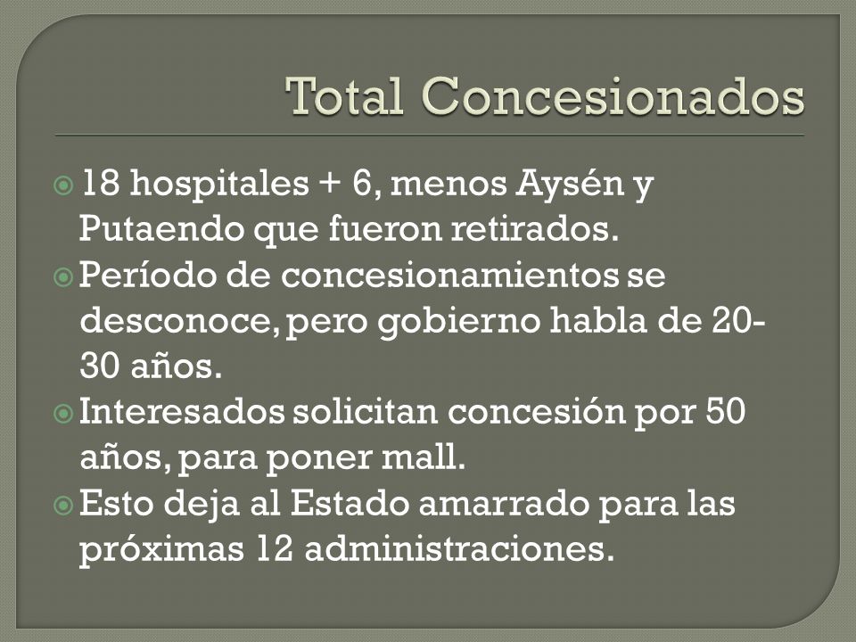Total Concesionados 18 hospitales + 6, menos Aysén y Putaendo que fueron retirados.