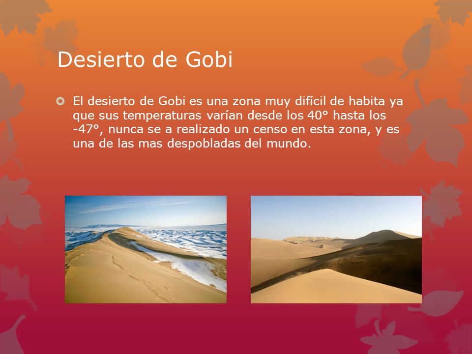 El desierto de Gobi es una zona muy difícil de habita ya que sus temperaturas varían desde los 40° hasta los -47°, nunca se a realizado un censo en esta zona, y es una de las mas despobladas del mundo.