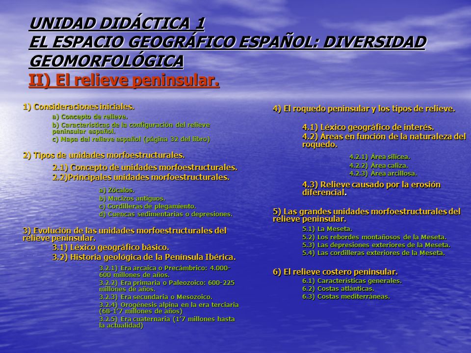 UNIDAD DIDÁCTICA 1 EL ESPACIO GEOGRÁFICO ESPAÑOL: DIVERSIDAD GEOMORFOLÓGICA II) El relieve peninsular.