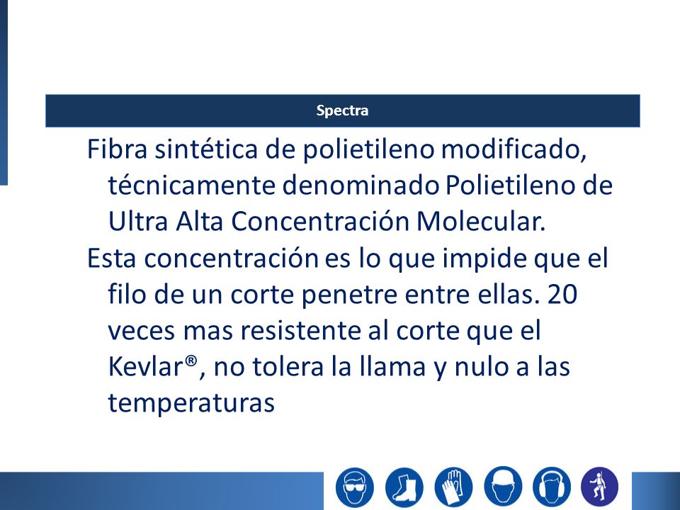 Spectra Fibra sintética de polietileno modificado, técnicamente denominado Polietileno de Ultra Alta Concentración Molecular.
