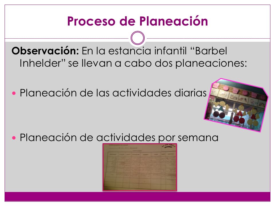 Proceso de Planeación Observación: En la estancia infantil Barbel Inhelder se llevan a cabo dos planeaciones: