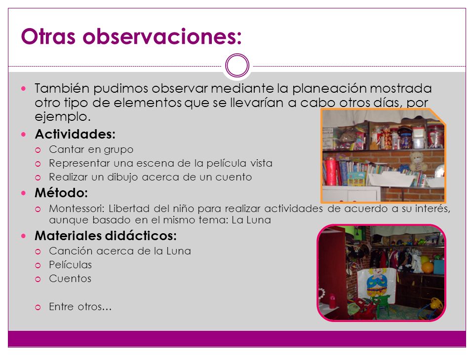Otras observaciones: También pudimos observar mediante la planeación mostrada otro tipo de elementos que se llevarían a cabo otros días, por ejemplo.