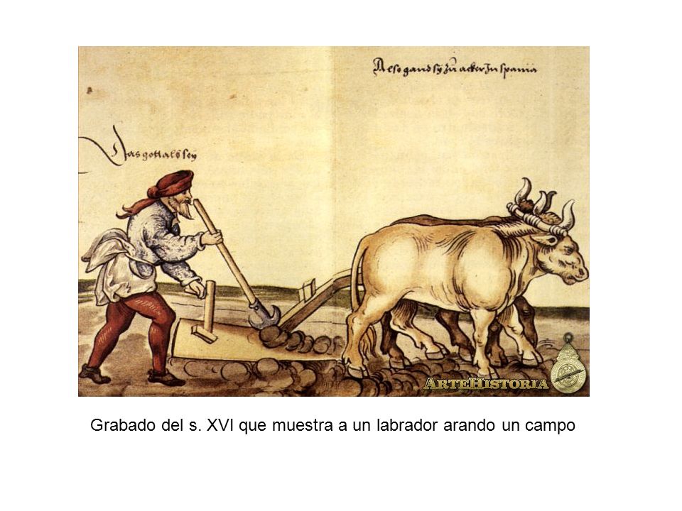 Grabado del s. XVI que muestra a un labrador arando un campo