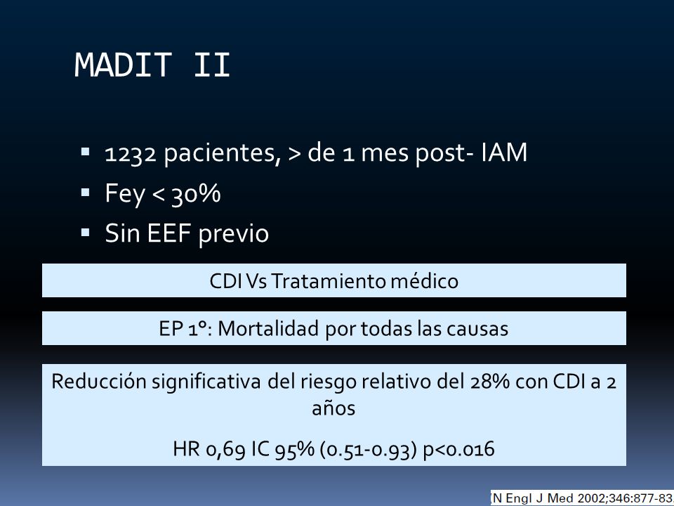 MADIT II 1232 pacientes, > de 1 mes post- IAM Fey < 30%