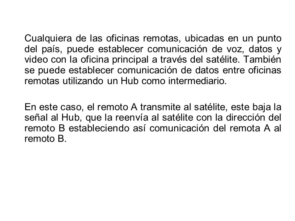 Cualquiera de las oficinas remotas, ubicadas en un punto del país, puede establecer comunicación de voz, datos y video con la oficina principal a través del satélite. También se puede establecer comunicación de datos entre oficinas remotas utilizando un Hub como intermediario.