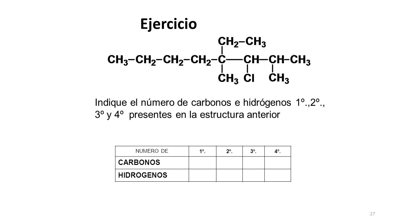 Ejercicio Indique el número de carbonos e hidrógenos 1º.,2º., 3º y 4º presentes en la estructura anterior.