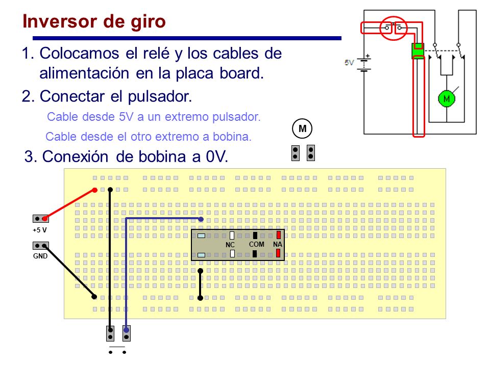 Inversor de giro Colocamos el relé y los cables de alimentación en la placa board. 2. Conectar el pulsador.