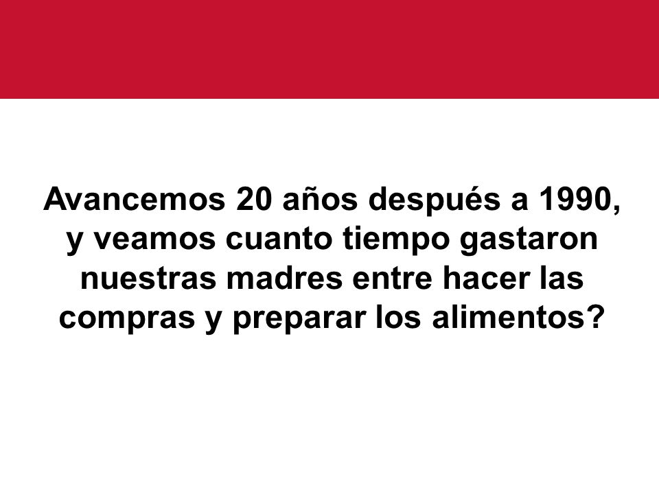 Avancemos 20 años después a 1990, y veamos cuanto tiempo gastaron nuestras madres entre hacer las compras y preparar los alimentos