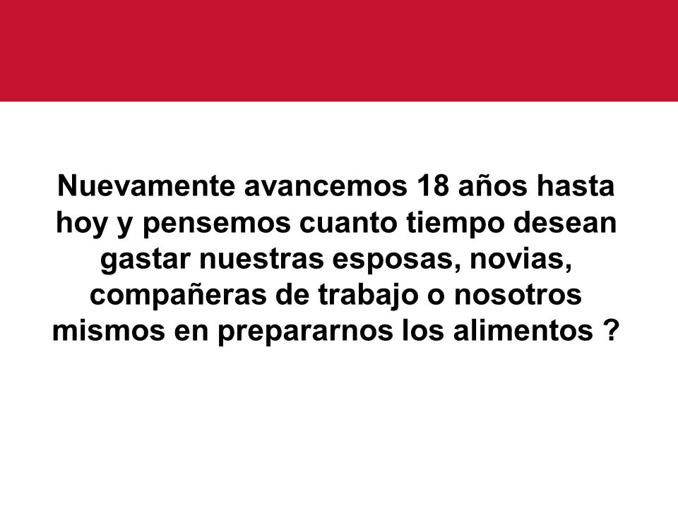 Nuevamente avancemos 18 años hasta hoy y pensemos cuanto tiempo desean gastar nuestras esposas, novias, compañeras de trabajo o nosotros mismos en prepararnos los alimentos