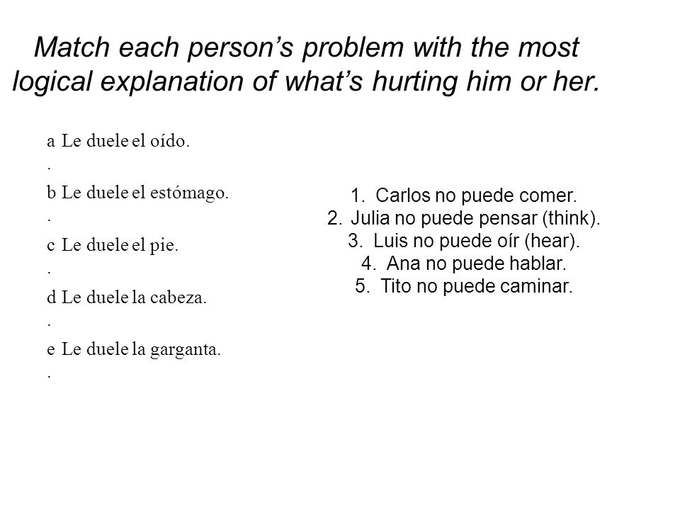 Match each person’s problem with the most logical explanation of what’s hurting him or her.