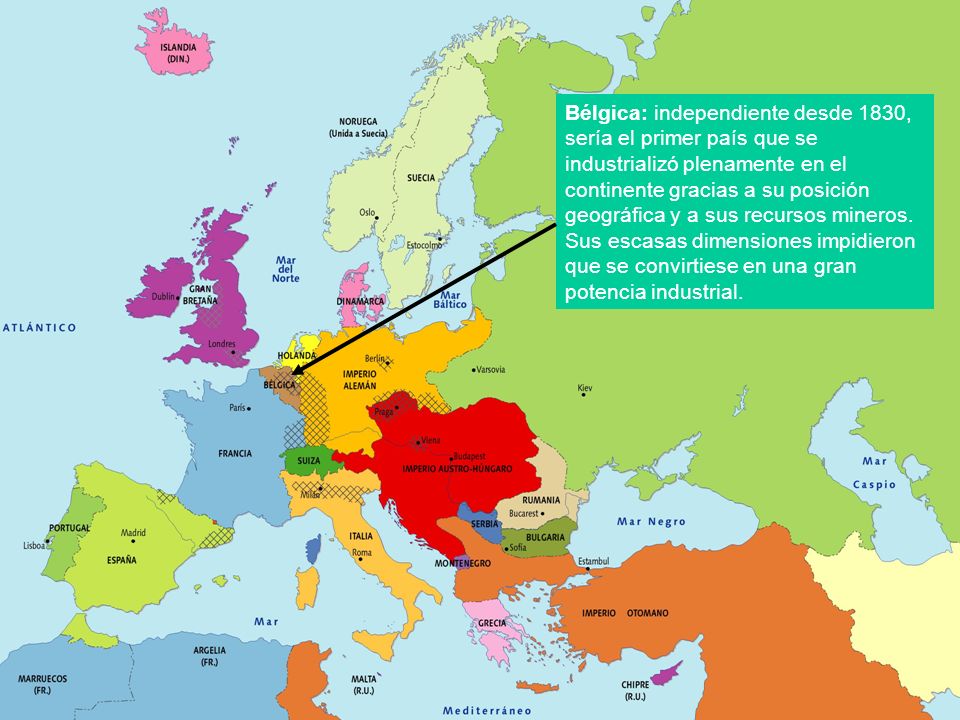 Bélgica: independiente desde 1830, sería el primer país que se industrializó plenamente en el continente gracias a su posición geográfica y a sus recursos mineros.