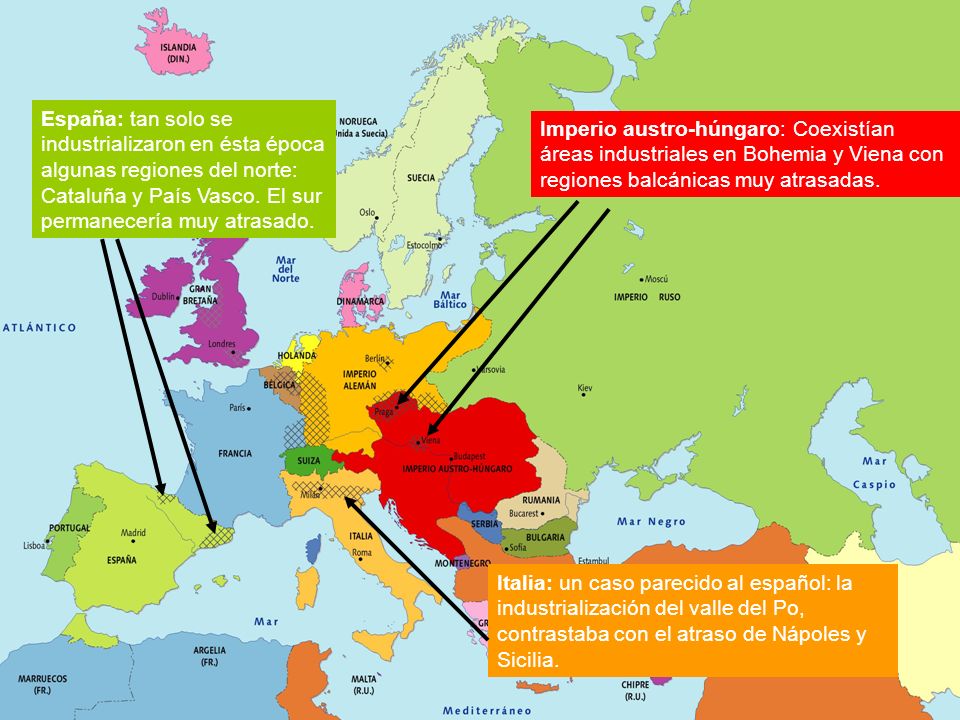 España: tan solo se industrializaron en ésta época algunas regiones del norte: Cataluña y País Vasco. El sur permanecería muy atrasado.