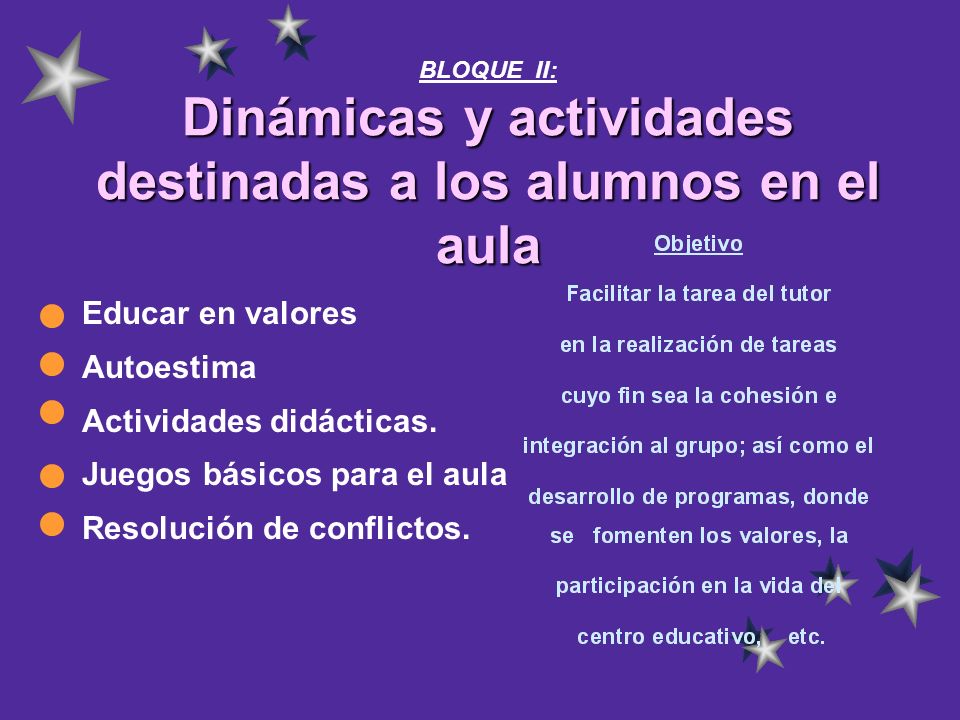 BLOQUE II: Dinámicas y actividades destinadas a los alumnos en el aula