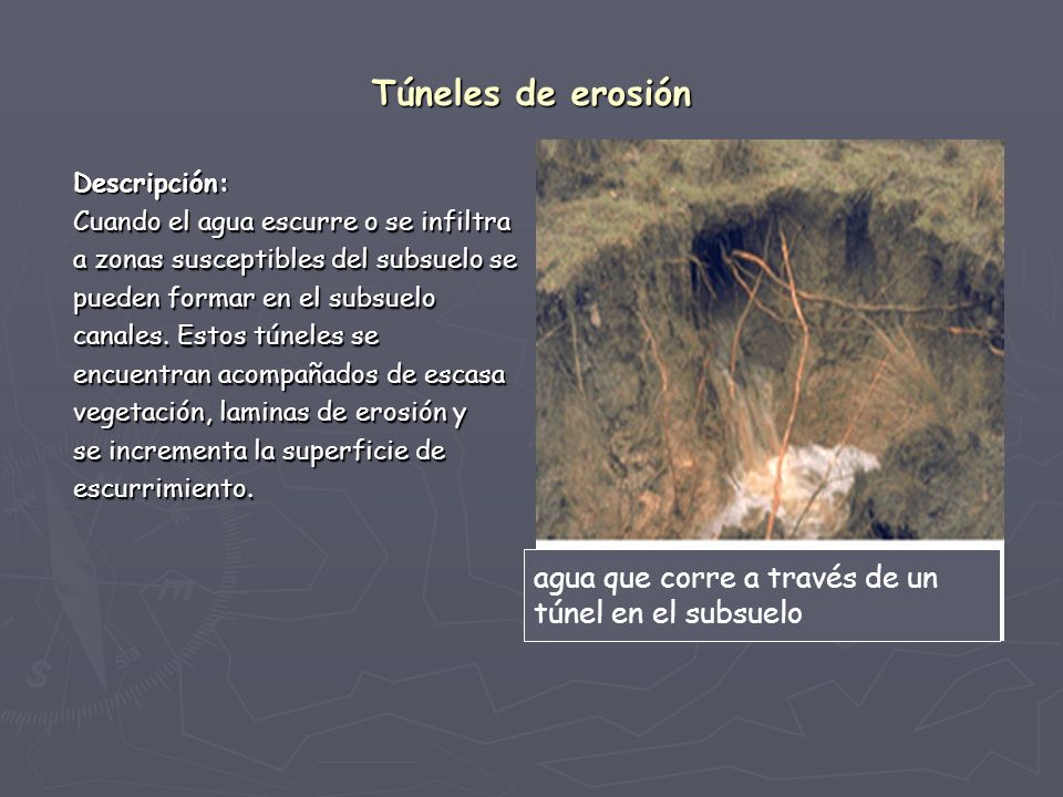 Túneles de erosión agua que corre a través de un túnel en el subsuelo