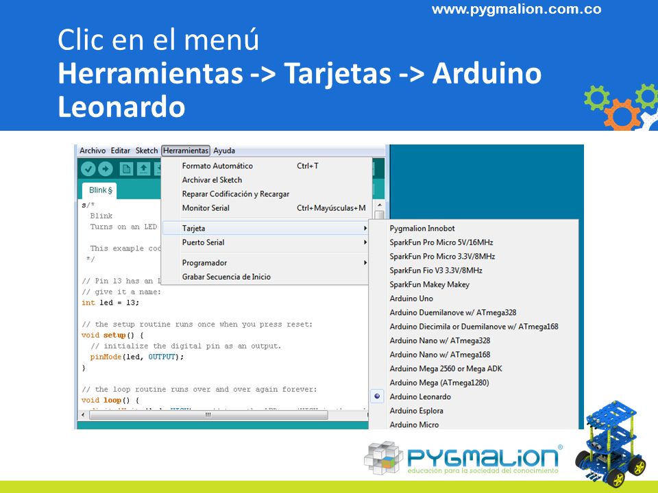 Clic en el menú Herramientas -> Tarjetas -> Arduino Leonardo
