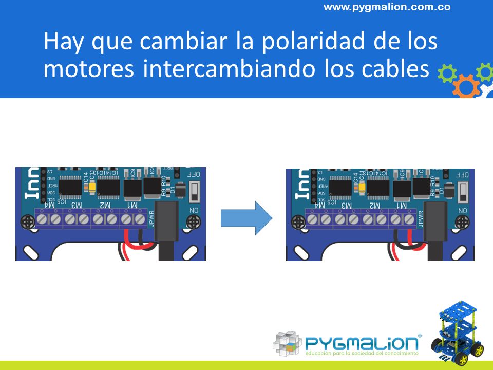 Hay que cambiar la polaridad de los motores intercambiando los cables