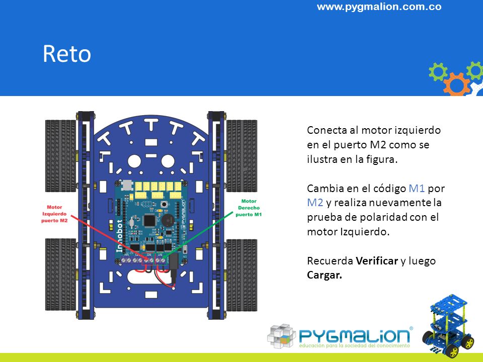 Reto Conecta al motor izquierdo en el puerto M2 como se ilustra en la figura.