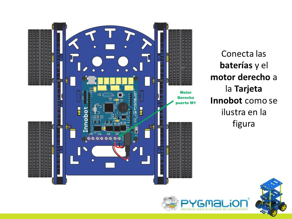 Conecta las baterías y el motor derecho a la Tarjeta Innobot como se ilustra en la figura