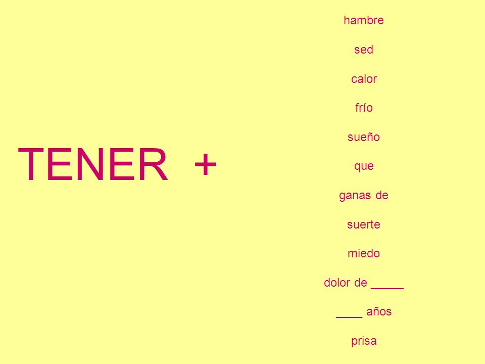 TENER + hambre sed calor frío sueño que ganas de suerte miedo