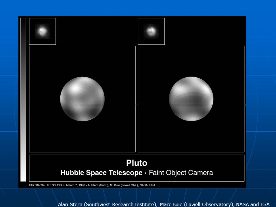 The never-before-seen surface of the distant planet Pluto is resolved in these NASA Hubble Space Telescope pictures, taken with the European Space Agency s (ESA) Faint Object Camera (FOC) aboard Hubble.