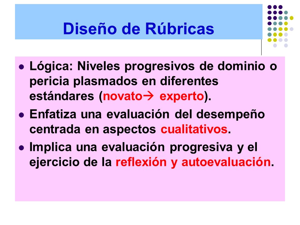 Diseño de Rúbricas Lógica: Niveles progresivos de dominio o pericia plasmados en diferentes estándares (novato experto).