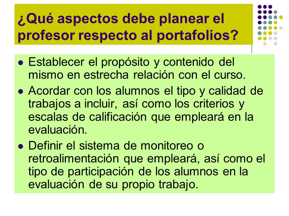 ¿Qué aspectos debe planear el profesor respecto al portafolios