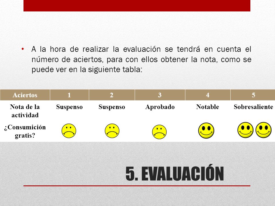 A la hora de realizar la evaluación se tendrá en cuenta el número de aciertos, para con ellos obtener la nota, como se puede ver en la siguiente tabla: