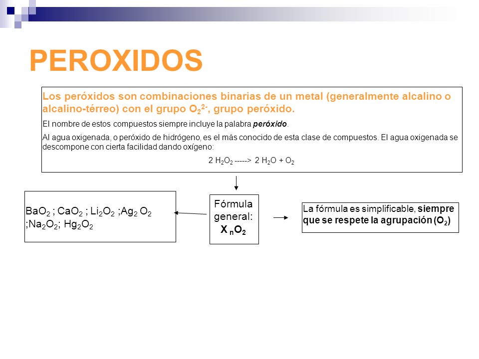PEROXIDOS Los peróxidos son combinaciones binarias de un metal (generalmente alcalino o alcalino-térreo) con el grupo O22-, grupo peróxido.