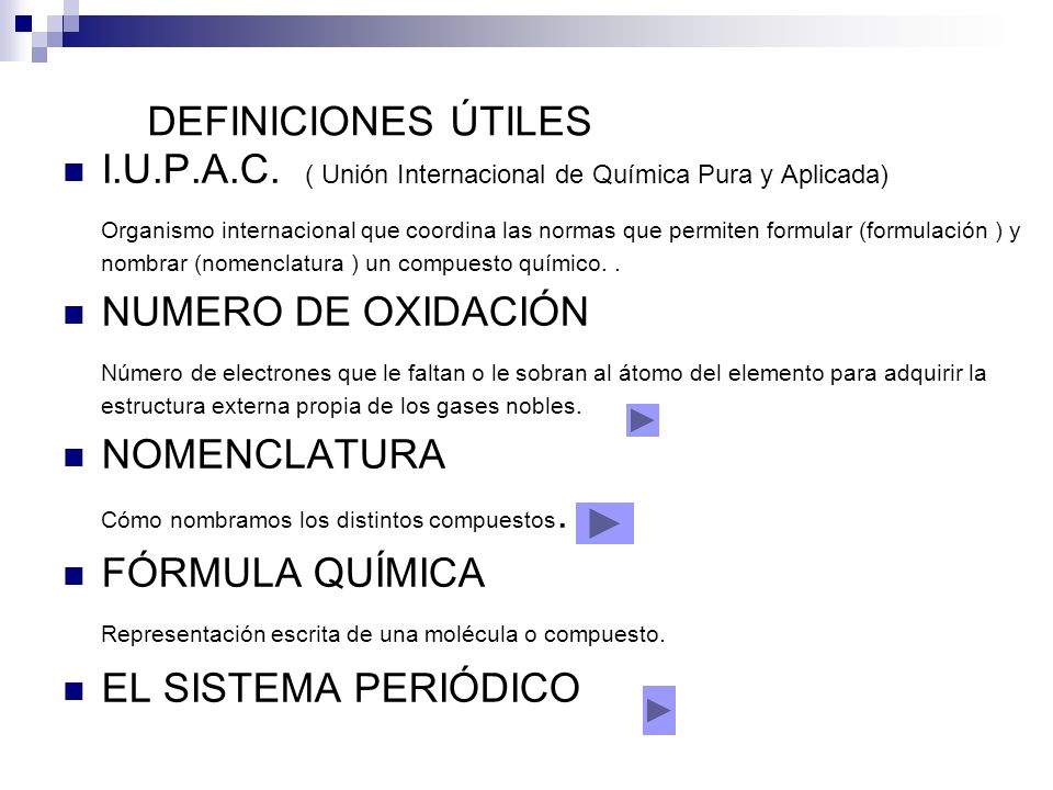 DEFINICIONES ÚTILES I.U.P.A.C. ( Unión Internacional de Química Pura y Aplicada)