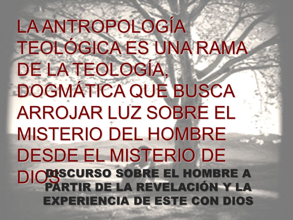 LA ANTROPOLOGÍA TEOLÓGICA ES UNA RAMA DE LA TEOLOGÍA, DOGMÁTICA QUE BUSCA ARROJAR LUZ SOBRE EL MISTERIO DEL HOMBRE DESDE EL MISTERIO DE DIOS