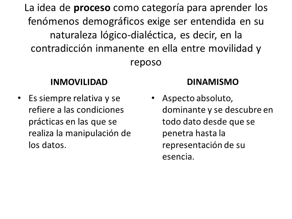 La idea de proceso como categoría para aprender los fenómenos demográficos exige ser entendida en su naturaleza lógico-dialéctica, es decir, en la contradicción inmanente en ella entre movilidad y reposo