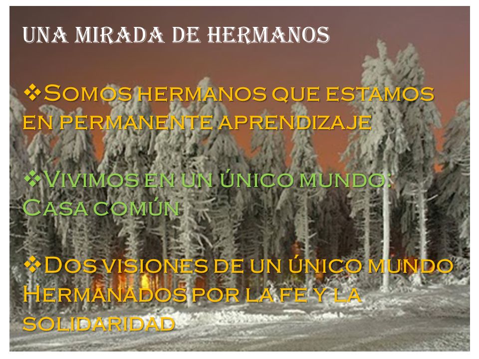 UNA MIRADA DE HERMANOS Somos hermanos que estamos en permanente aprendizaje. Vivimos en un único mundo: Casa común.