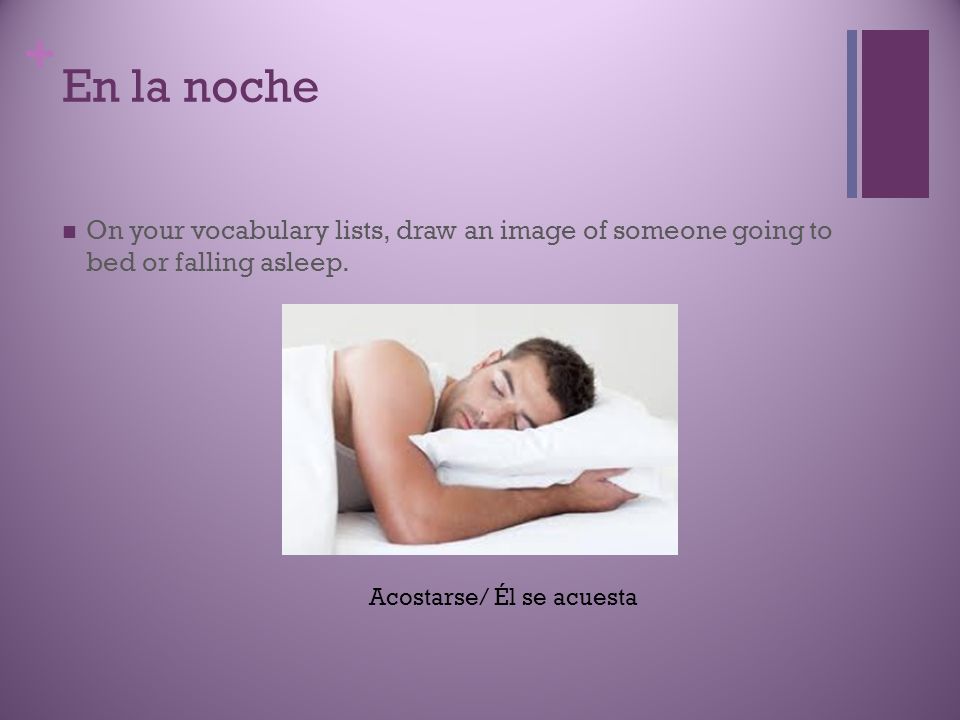 En la noche On your vocabulary lists, draw an image of someone going to bed or falling asleep.