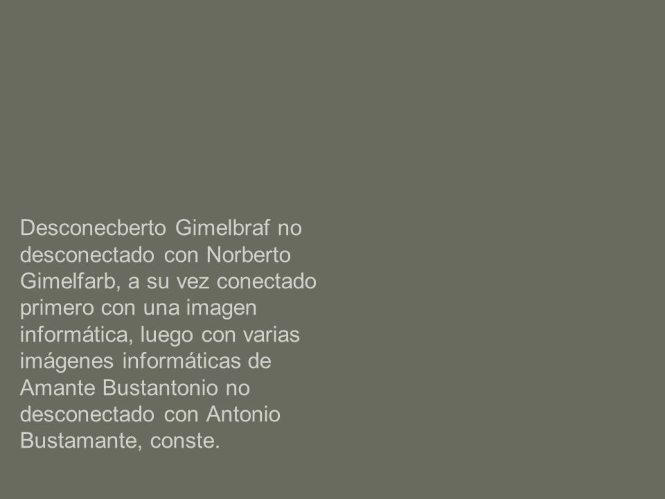 Desconecberto Gimelbraf no desconectado con Norberto Gimelfarb, a su vez conectado primero con una imagen informática, luego con varias imágenes informáticas de Amante Bustantonio no desconectado con Antonio Bustamante, conste.