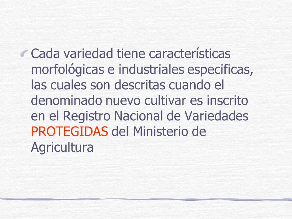 Cada variedad tiene características morfológicas e industriales especificas, las cuales son descritas cuando el denominado nuevo cultivar es inscrito en el Registro Nacional de Variedades PROTEGIDAS del Ministerio de Agricultura