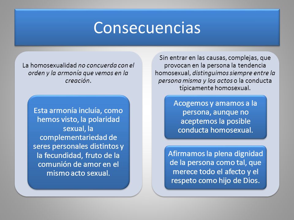 Consecuencias La homosexualidad no concuerda con el orden y la armonía que vemos en la creación.