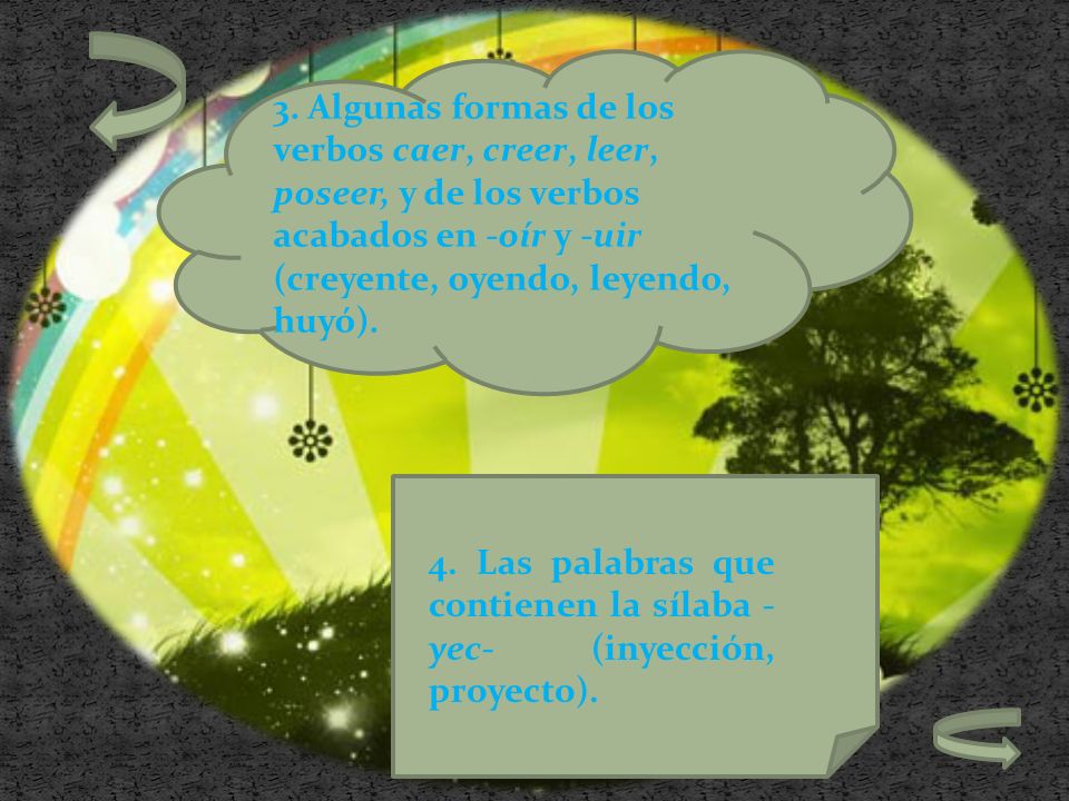 3. Algunas formas de los verbos caer, creer, leer, poseer, y de los verbos acabados en -oír y -uir (creyente, oyendo, leyendo, huyó).